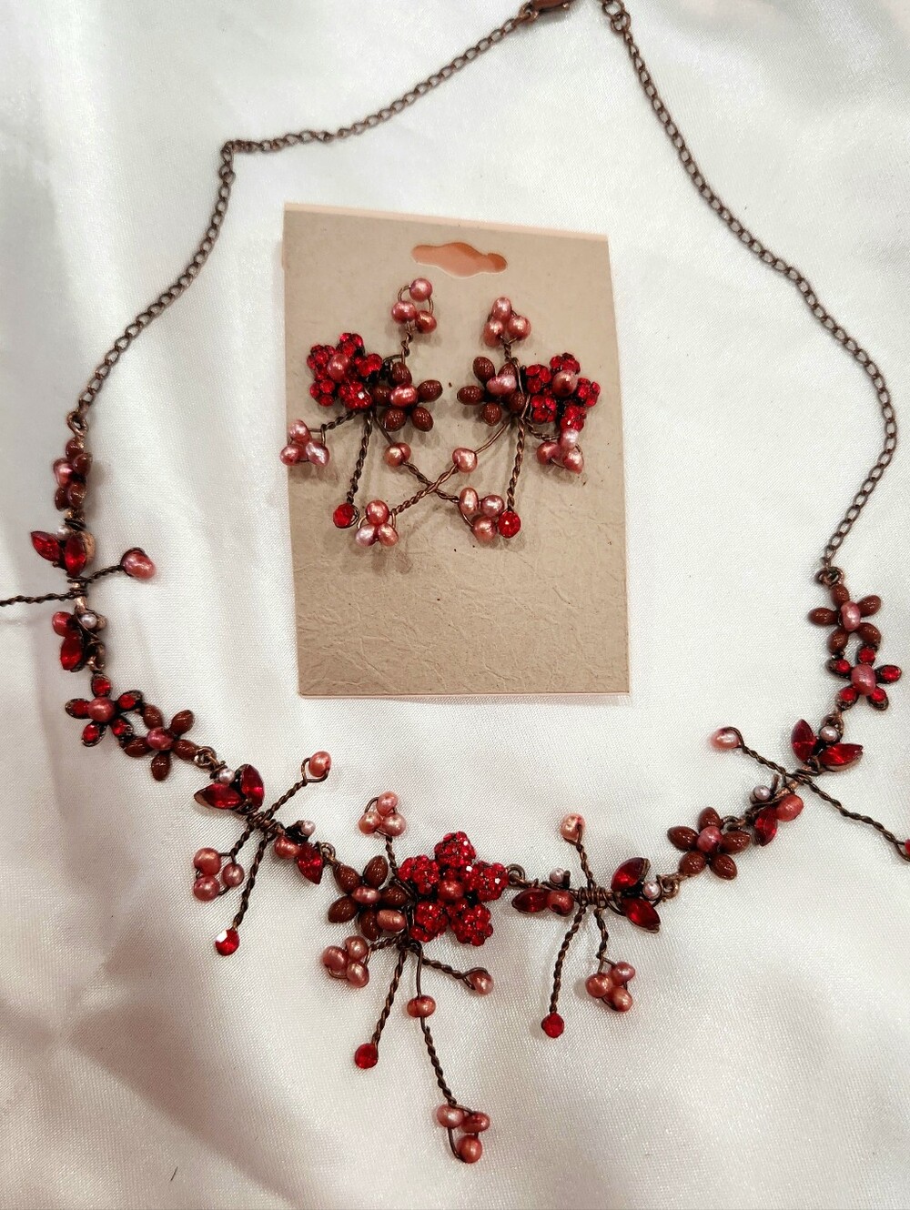 Freshwater Pearls and Red Crystal Flowers Necklace & Earring Set -Women Jewelry